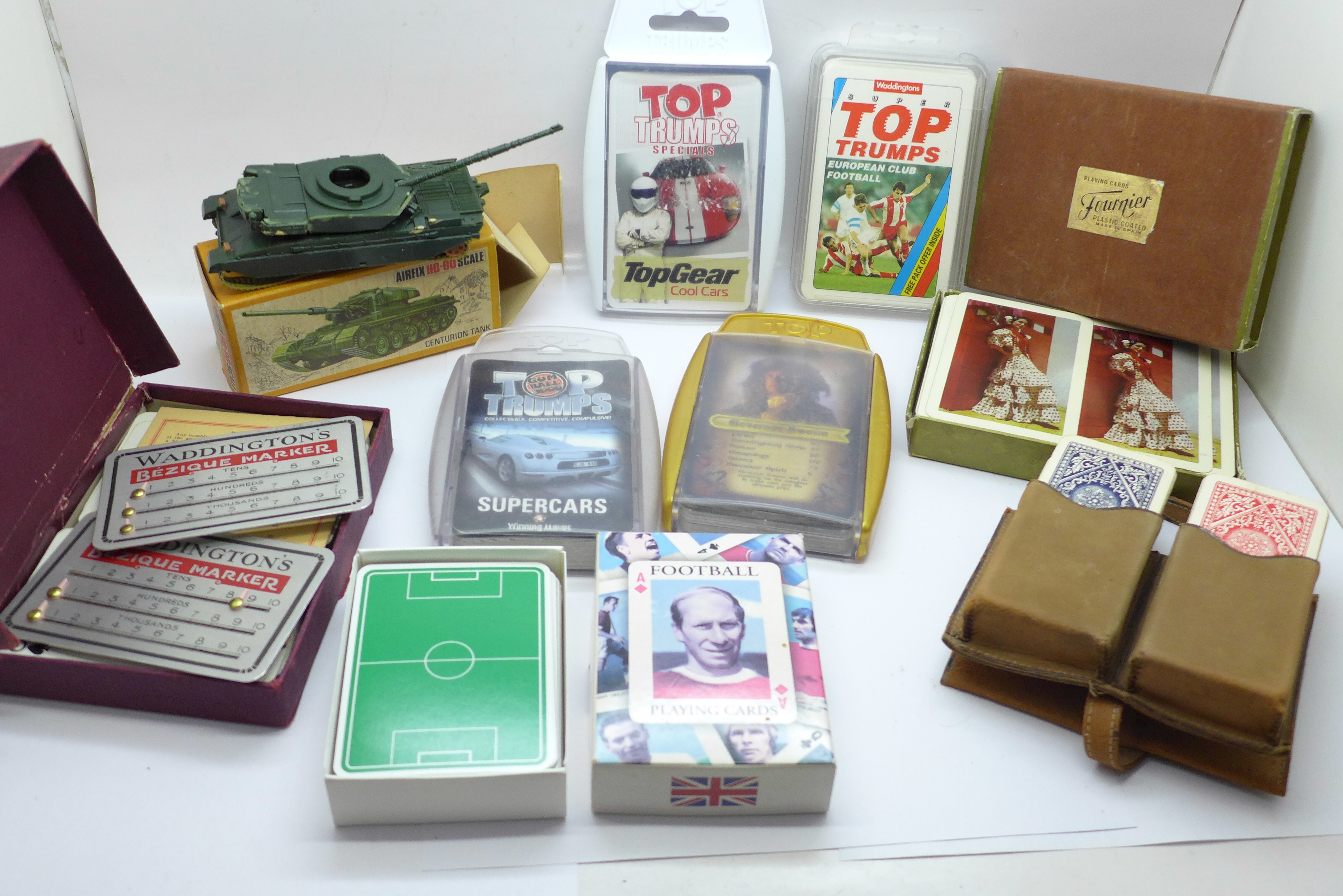 Four Top Trumps card games, other playing cards including footballers and an Airfix model