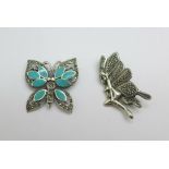 A silver and turquoise colour butterfly brooch and a silver fairy brooch