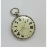 A silver cased fusee pocket watch, lacking glass and second hand