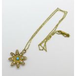 A yellow metal, turquoise and seed pearl pendant and chain