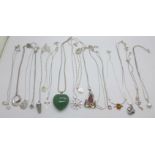 Twelve silver and silver mounted pendants and chains, and five silver necklaces