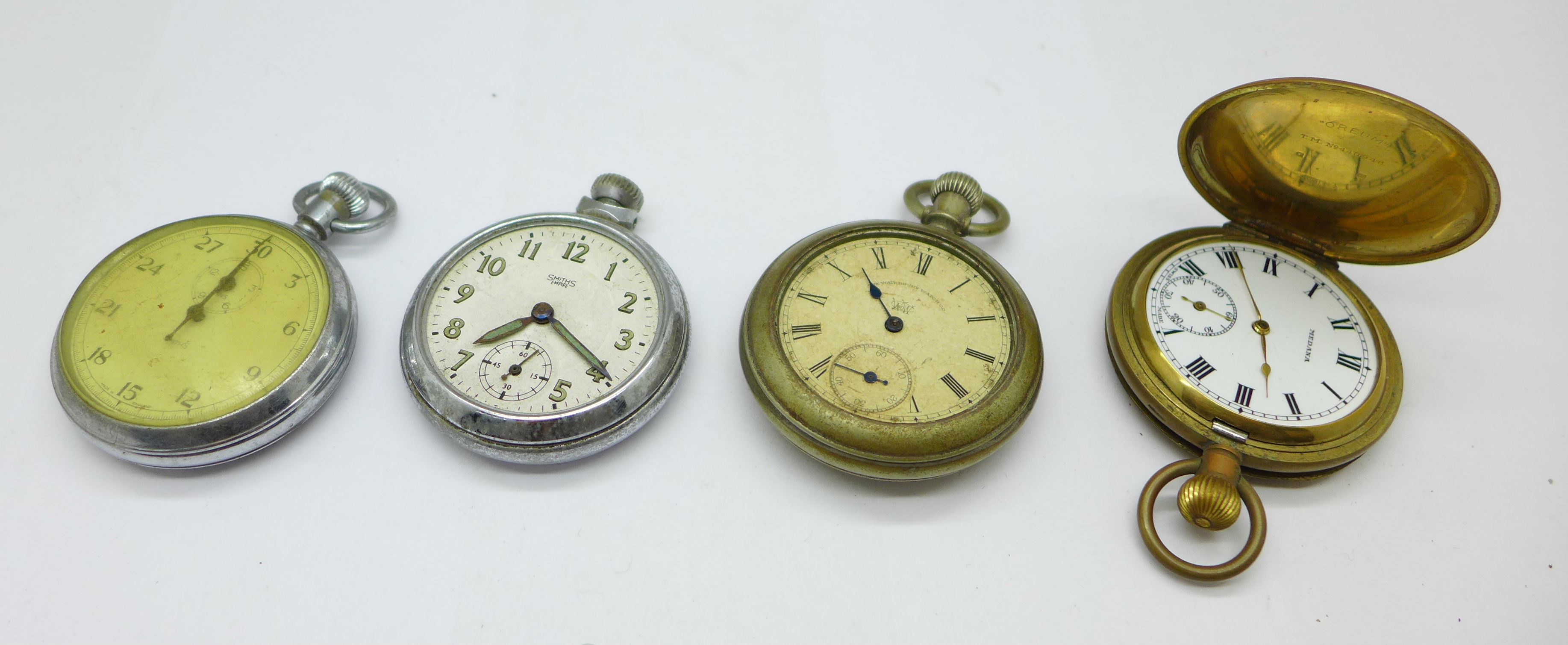 Three pocket watches, Medana, Smiths Empire and The Waterbury Watch Co., and a Smiths stop-watch,