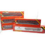 Four Hornby OO gauge maroon carriages and an Operating LMS Royal Mail Coach set, boxed