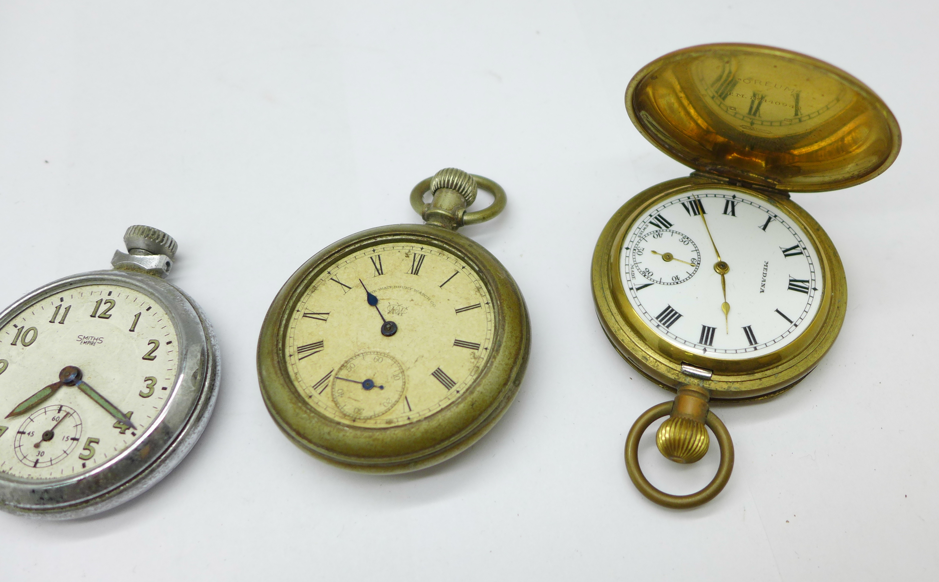 Three pocket watches, Medana, Smiths Empire and The Waterbury Watch Co., and a Smiths stop-watch, - Image 3 of 4