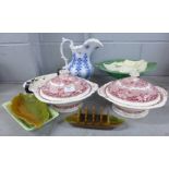 A collection of decorative china, two red transfer printed vegetable dishes and covers, a cabbage