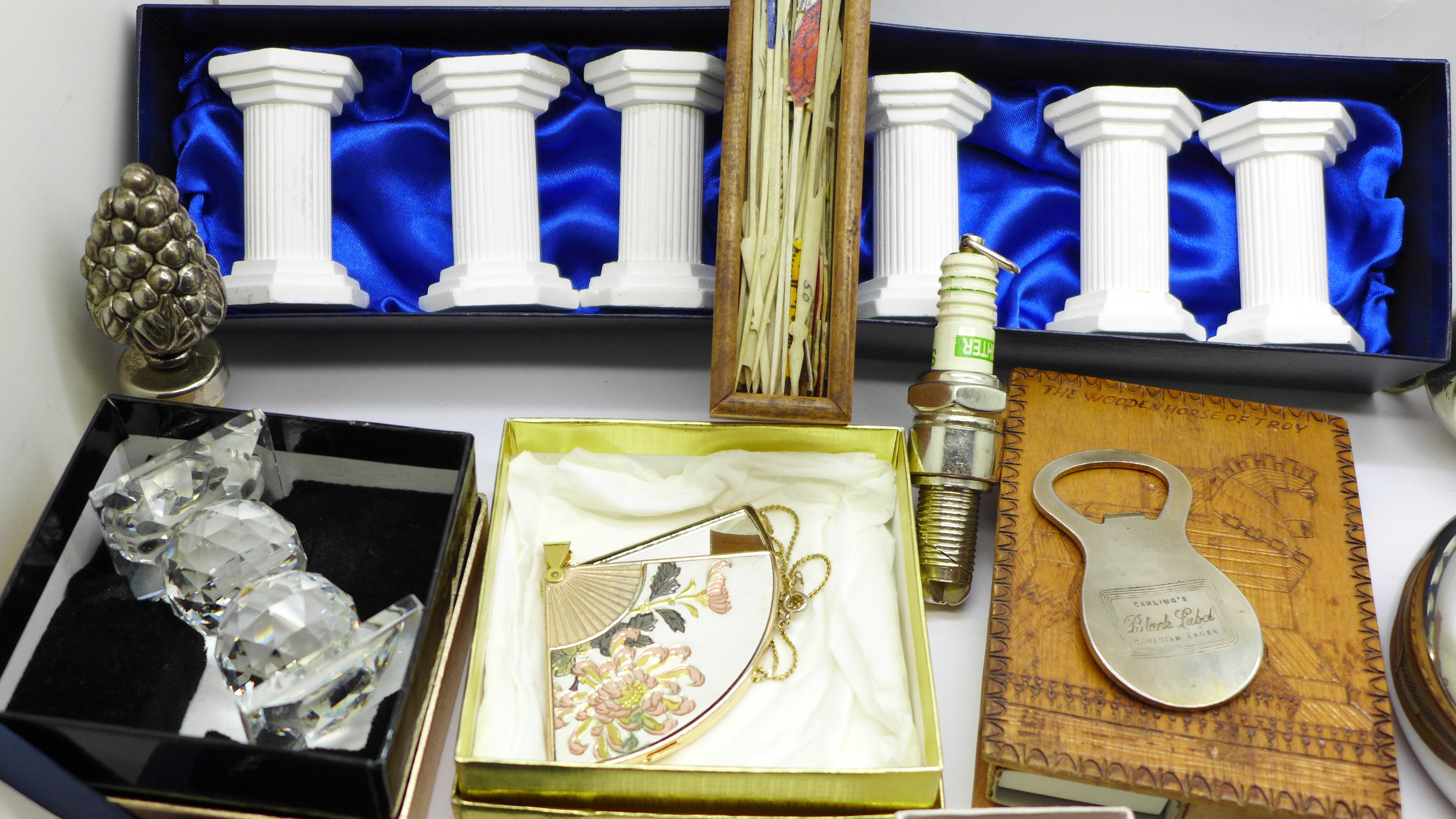 A collection of tie-pins, silver plated items, Swarovski, lighters, cufflinks, a rattle, match - Image 2 of 6