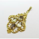 A hallmarked 9ct gold, smoky quartz and citrine pendant, B.J. Ld., 5.3g, 28mm wide
