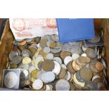 A wooden box of British and foreign coins, 5.7kg