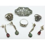 Marcasite jewellery including a sterling brooch, some lacking marcasite