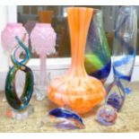 A collection of glassware including a Whitefriars vase, Kilkenny vase with handle, Caithness and M'