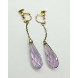 A pair of amethyst drop earrings with screw backs, marked 9ct, 35mm drop