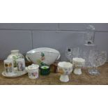 A Royal Doulton glass decanter and two glasses and other decorative china including Poole, Minton