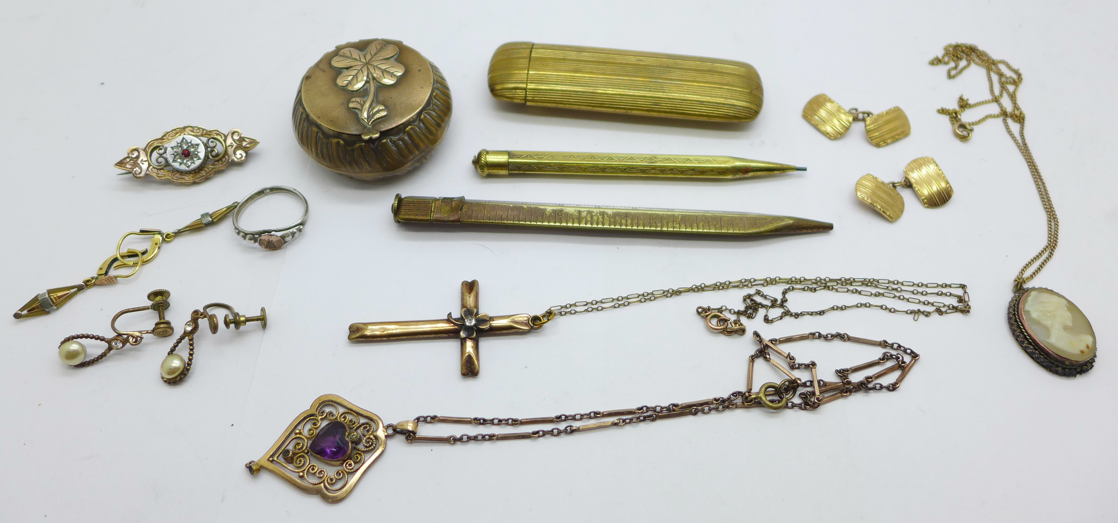A collection of Victorian and later jewellery including pendants, and other items including a