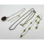 Two silver necklets and a silver gilt and smoky quartz pendant and chain