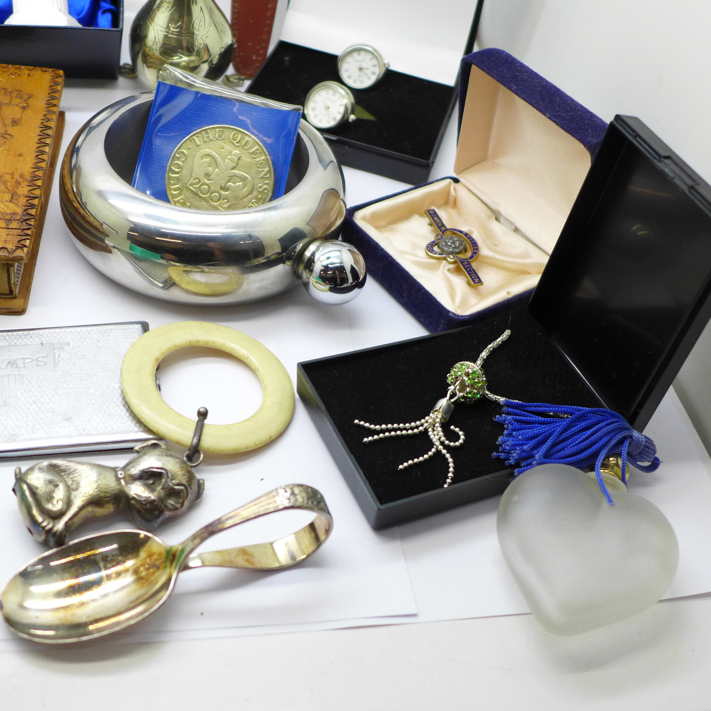 A collection of tie-pins, silver plated items, Swarovski, lighters, cufflinks, a rattle, match - Image 4 of 6