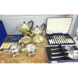 Plated ware, a four piece plated tea service, a cream and sugar, a cased set of fish knives and