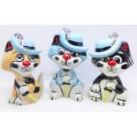 Lorna Bailey Pottery, the complete 'Three Pussketeers' Collection':- 'Purrthos', 'Pawthos' and '