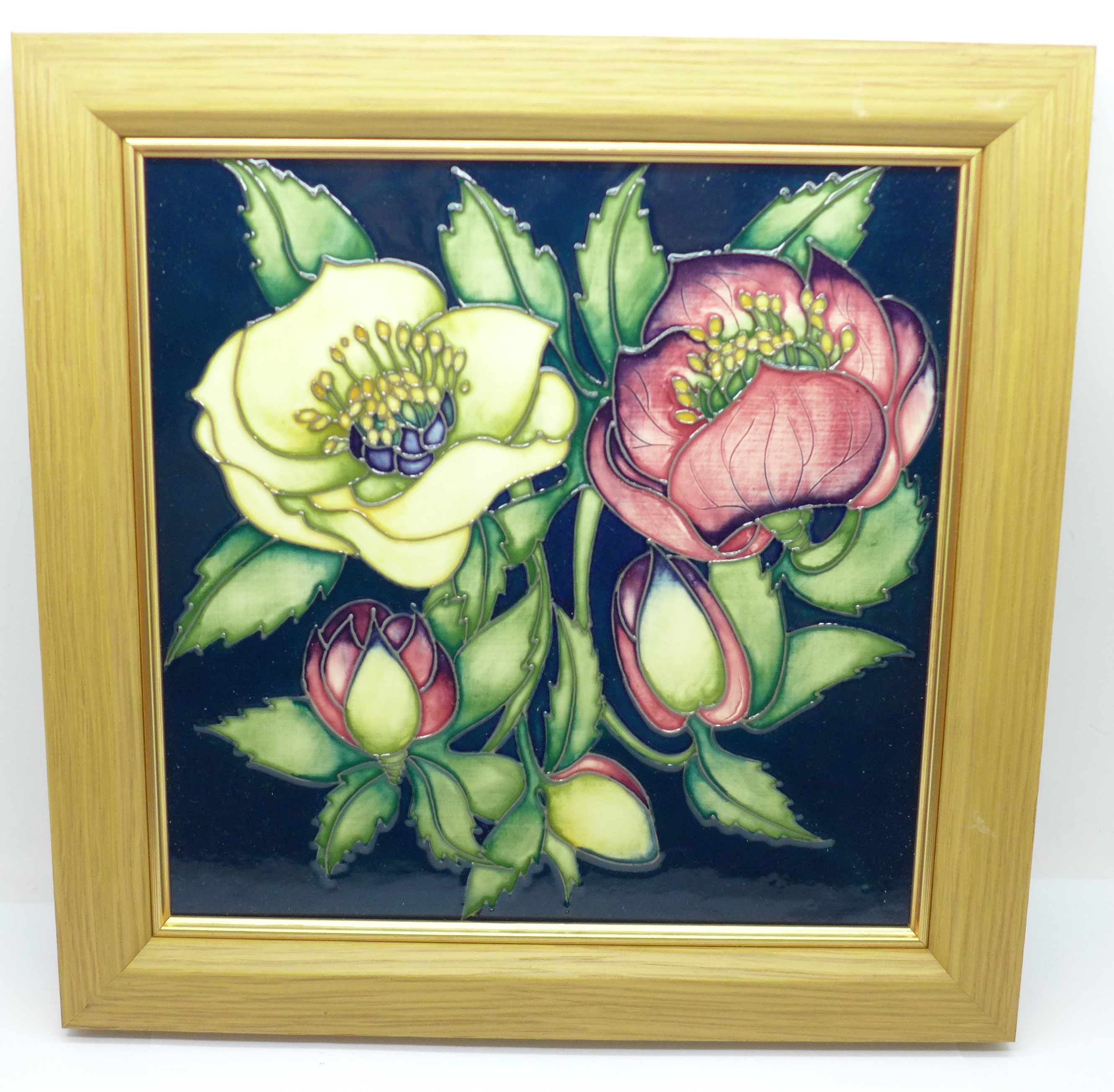 A square Moorcroft plaque, limited edition, designed by Emma Bossons, 20cm x 20cm, framed