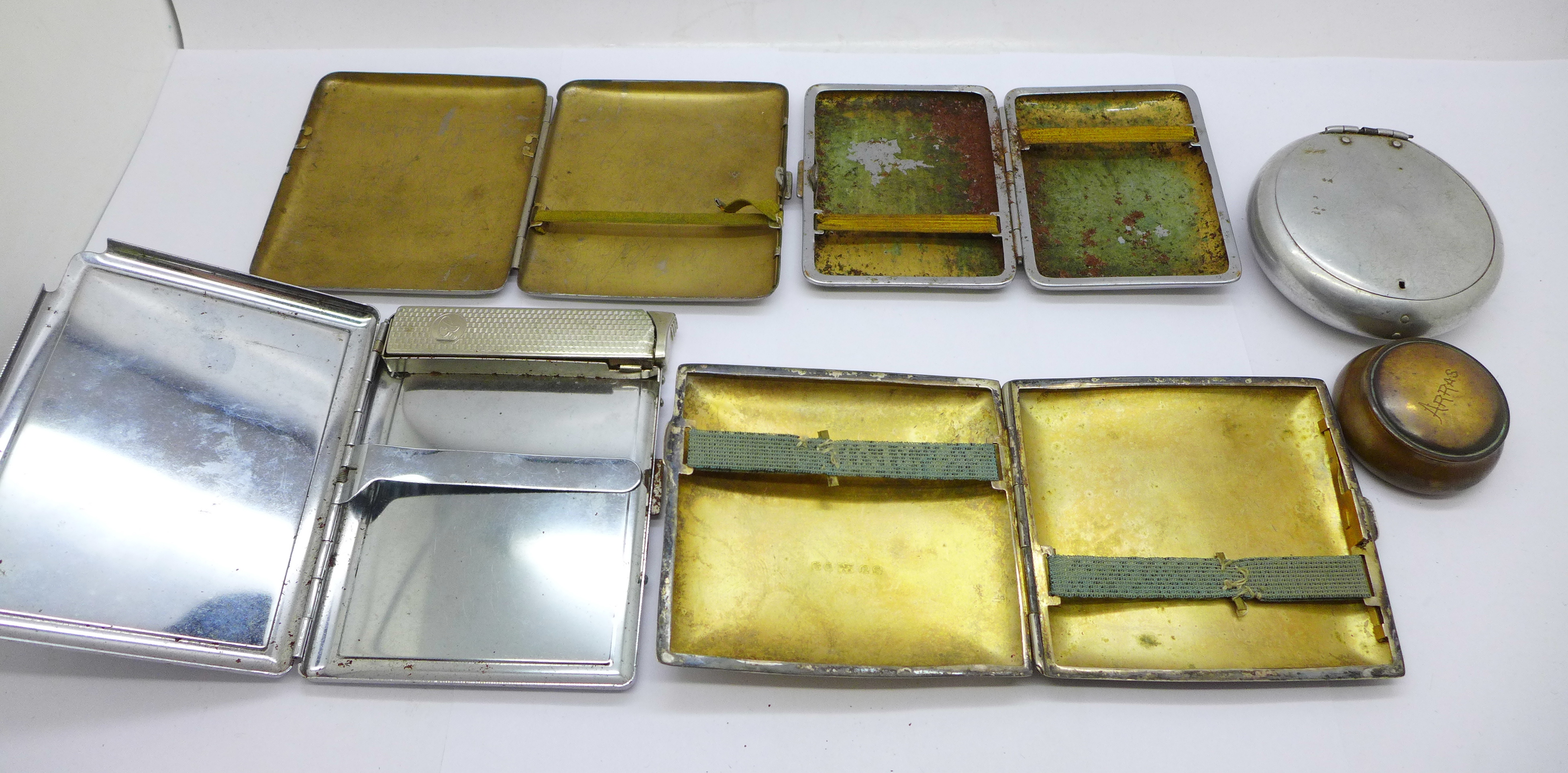 Four cigarette cases, an aluminium tobacco box, a/f and a lidded pot marked Arras - Image 5 of 5