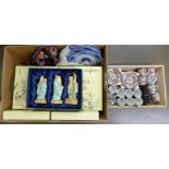 Twelve Imperial Jingshen porcelain plates, boxed, a boxed set of The Three Gods of Happiness, six