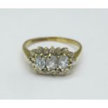 A 9ct gold, diamond and aquamarine ring, 1.7g, L/M, a/f (one diamond missing)