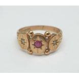 A 9ct rose gold, diamond and ruby ring, 2.9g, O