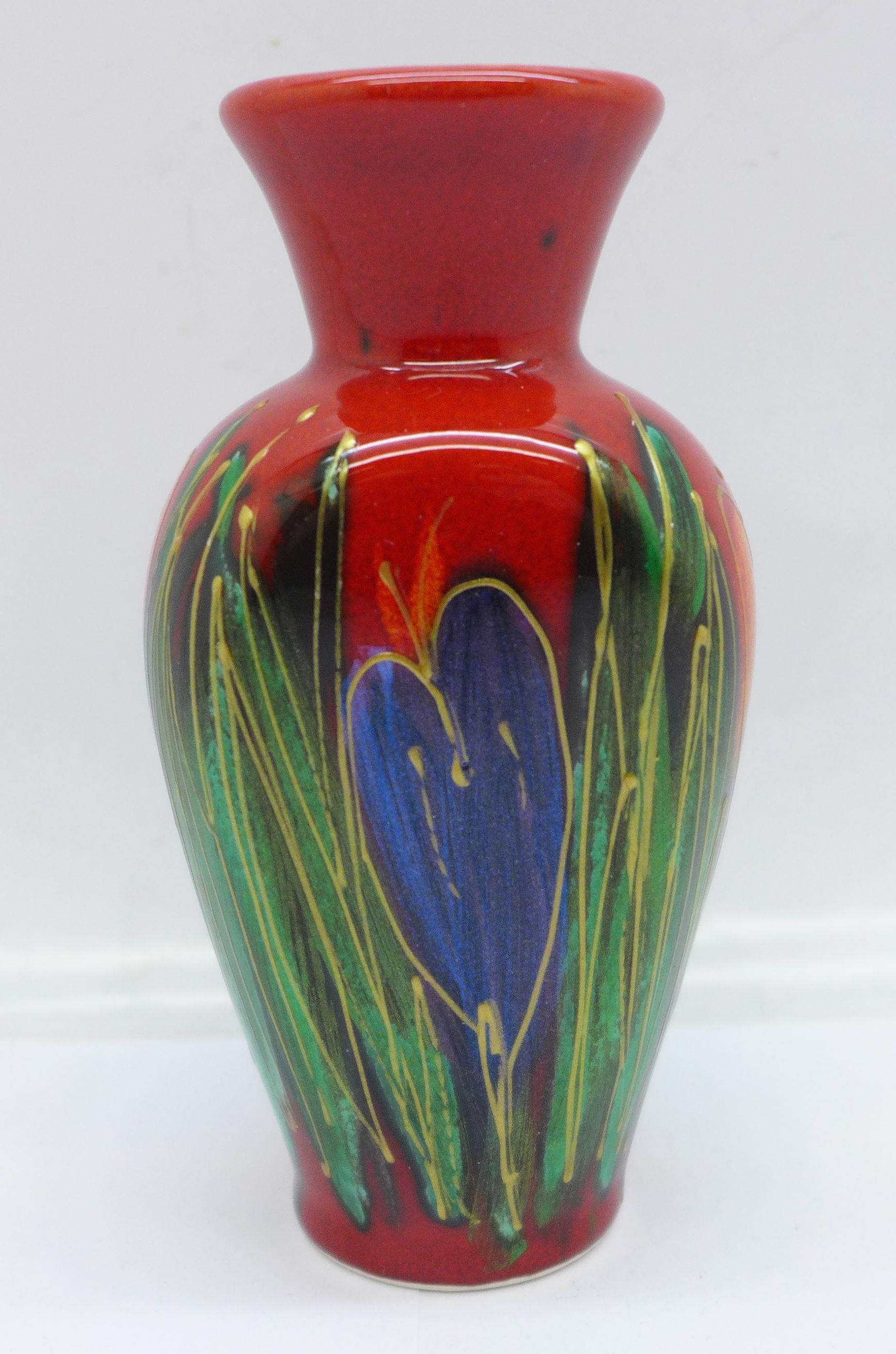 An Anita Harris flat fronted vase in the Crocus design, signed in gold on the base, 12cm