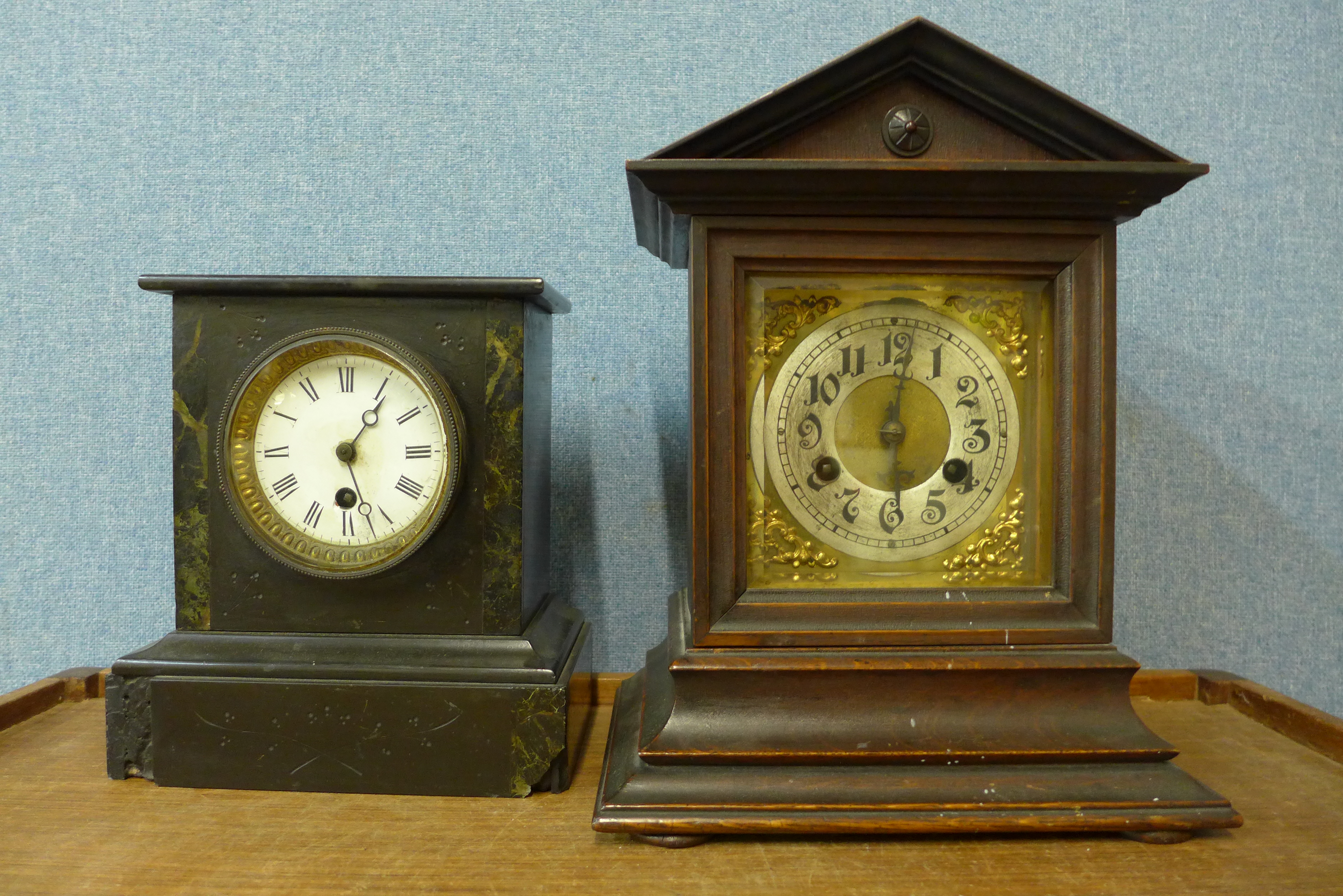 A 19th Century German Junghans mahogany mantel clock and a Belgian slate mantel clock, a/f