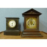 A 19th Century German Junghans mahogany mantel clock and a Belgian slate mantel clock, a/f