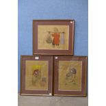 A set of three Japanese paintings on silk, framed