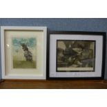 Two etchings, a black abstract, indistinctly signe, and one other surrealist etching