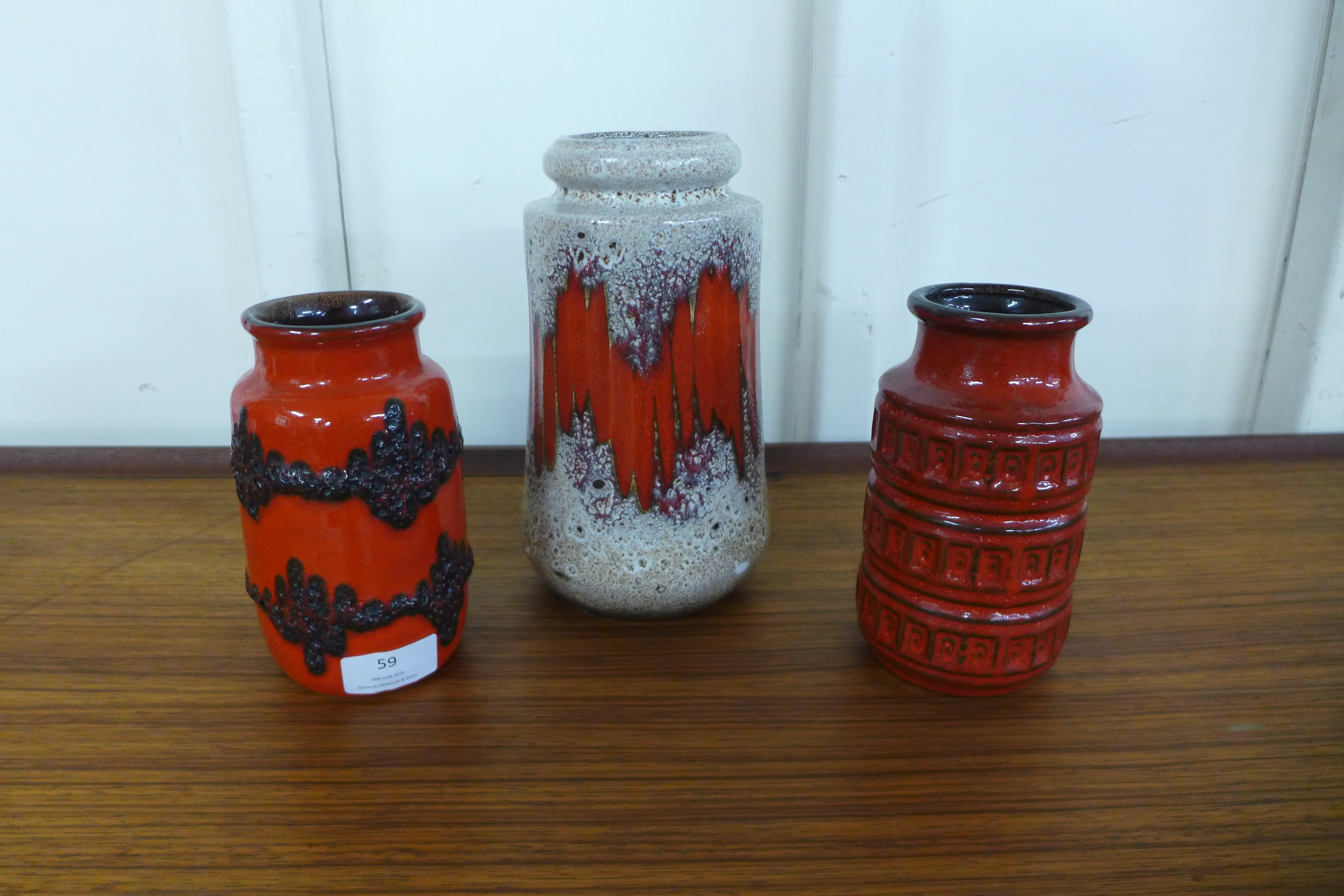 A West German Scheurich zig-zag vase, a West German fat lava vase and one other