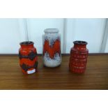 A West German Scheurich zig-zag vase, a West German fat lava vase and one other