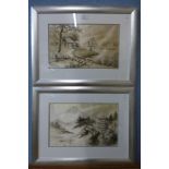 A pair of Japanese silk embroideries, views of Mount Fuji, framed