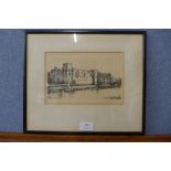 An etching, a castle landscape, indistinctly signed, framed