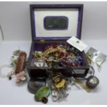 Costume jewellery in a wooden jewel box, with key