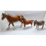 Two Beswick horses and a donkey