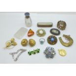 A collection of jewellery and other items including a silver and enamel scent bottle, a/f, a