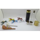 Five Chad Valley Escalado game horses, two pipes and a glass flask with two cups in a case in the