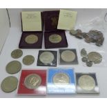 A 1937 crown, five other silver coins, farthings and nine commemorative crowns