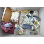 Assorted items including carved horn, boxes, game counters, etc.
