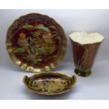 A Carlton Ware Rouge Royale vase, bowl and dish, vase 15cm