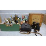 Oriental figures, a pair of Russian binoculars, a Wallace and Gromit alarm clock and a small tea