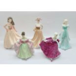 Two small Royal Doulton figures and three Coalport figures