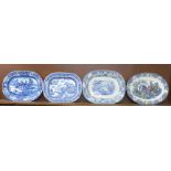 Three blue and white meat plates including Willow pattern and a serving plate decorated with
