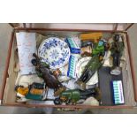 A case of assorted items, Soroban abacus, jazz band figures, china, etc.