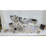 A silver plated tea service, plated jug, other silver plated items including sugar bows, a spoon,