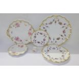 Three Royal Crown Derby Royal Antoinette wavy edge plates, Royal Pinxton Roses cake plate, side