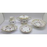 Five items of Royal Crown Derby Royal Antoinette, three dishes, a vase and a lidded sugar bowl,