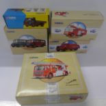 Five Corgi models including Cardiff City and Cleveland County fire engines, boxed